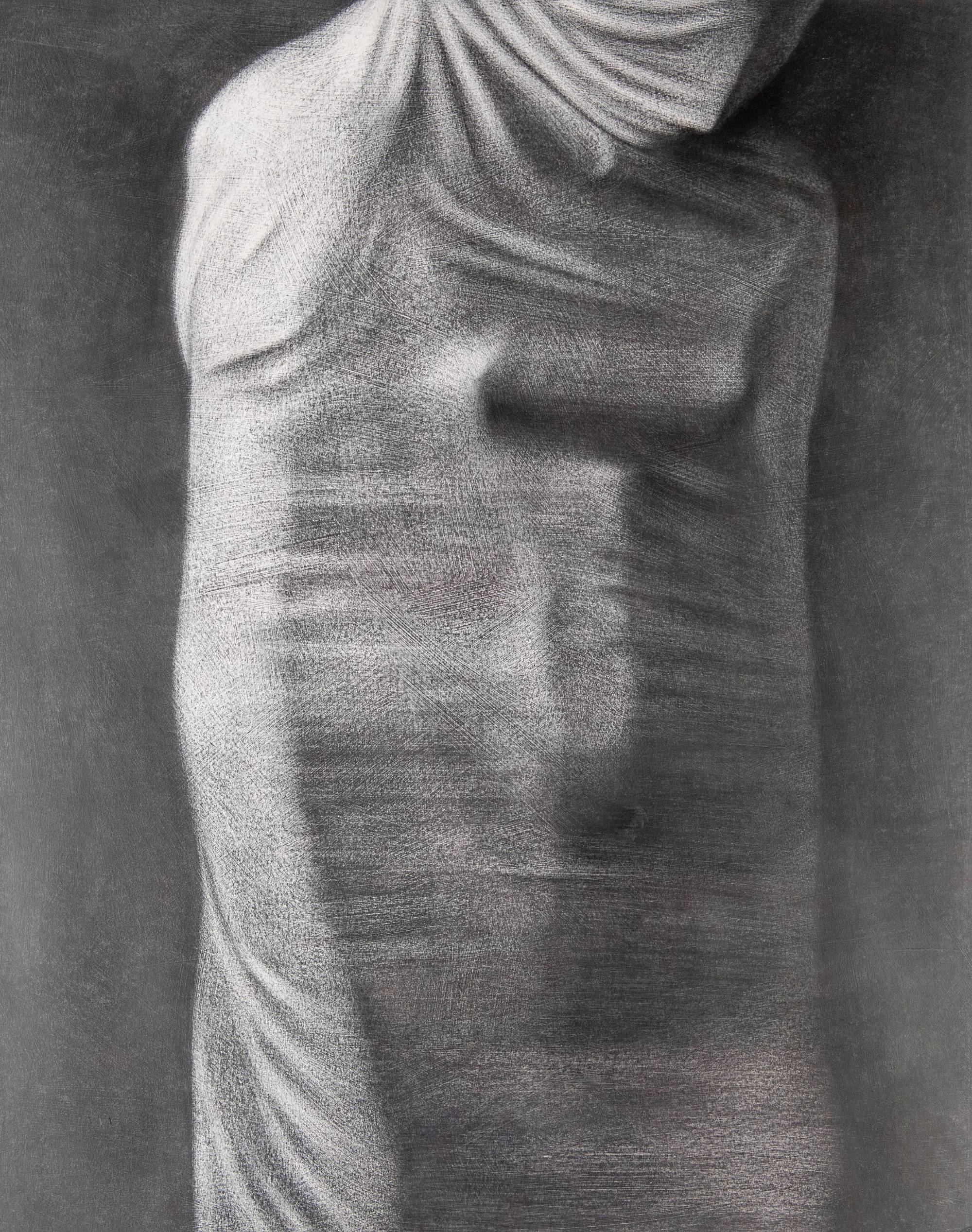 graphite drawing of shrouded female torso